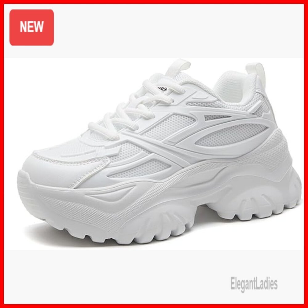 Women's Platform Chunky Sneakers Mesh Lace Up Non-Slip Walking Shoes